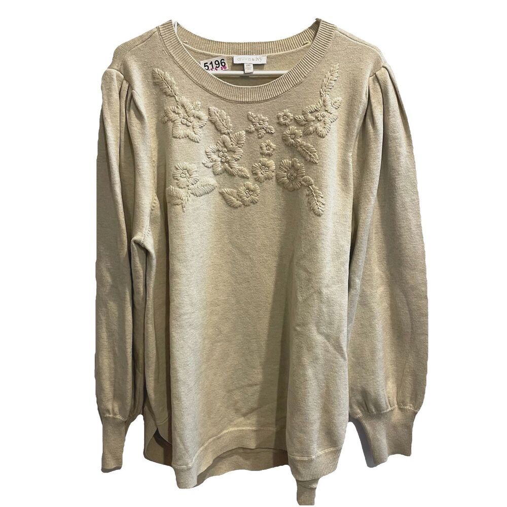Crown Ivy Cream Sweater Women’s Sz XXL Floral Embroidery Minimal Classic Preppy